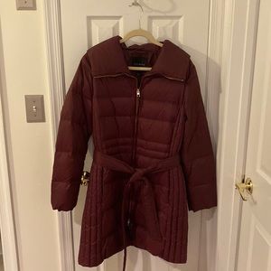 A large burgundy puffer from Talbots, size. In excellent condition, worn twice